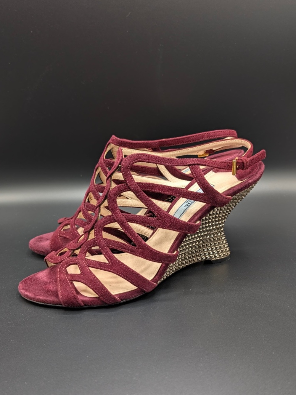 PRADA Milano Suede Cage Wedge Sandals Burgundy Wine EU 39 US 9 Gold Studded Heel